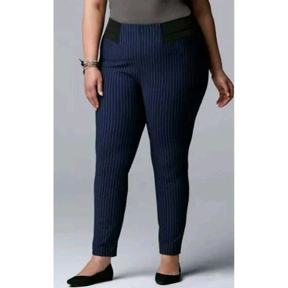 Simply Vera Wang Pinstripe Navy Blue White High Waist Leggings Plus Size 1X NWT - Picture 2 of 7